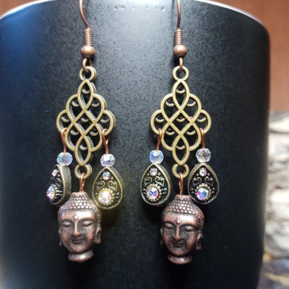 Copper Buddha Boho Style Dangle Earrings - Picture 2 of 3